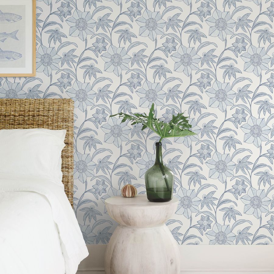 Star Flower Blue by A-Street Prints Floral Trail Wallpaper- Brewster 4172-27512