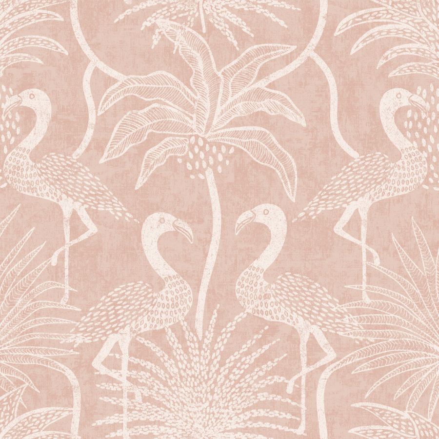 Biscayne Coral Flamingo Beach Wallpaper by A‑Street Prints showing blush coral ground with white flamingos and palm motifs.