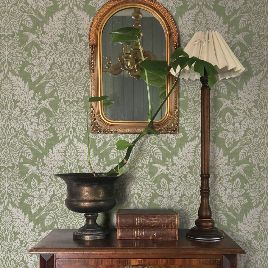 Finch Light Green by Chris Loves Julia Woodland Damask Wallpaper – A-Street Prints 4173-27620