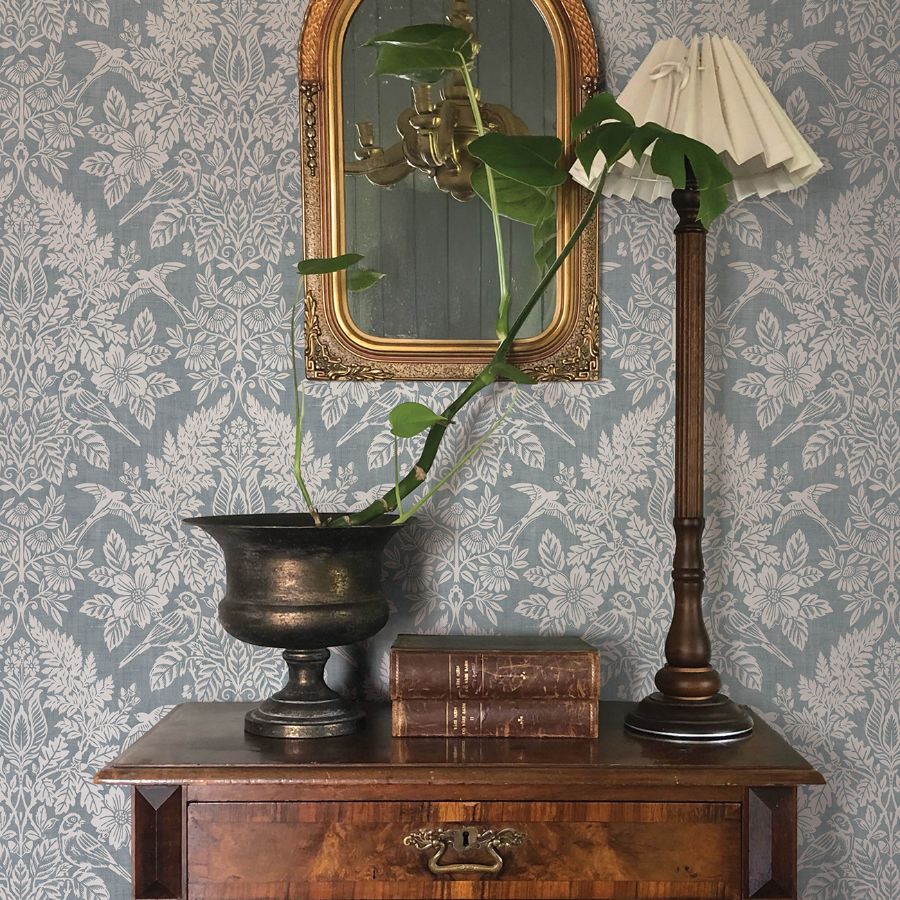 Finch Light Blue by Chris Loves Julia Woodland Damask Wallpaper – A-Street Prints 4173-27623