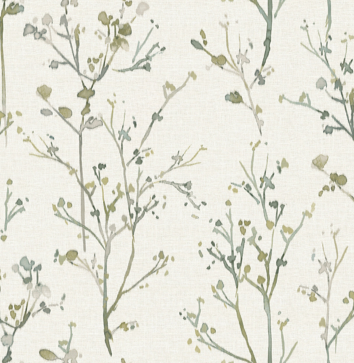 Silverling Moss Budding Branches Wallpaper roll showing botanical pattern