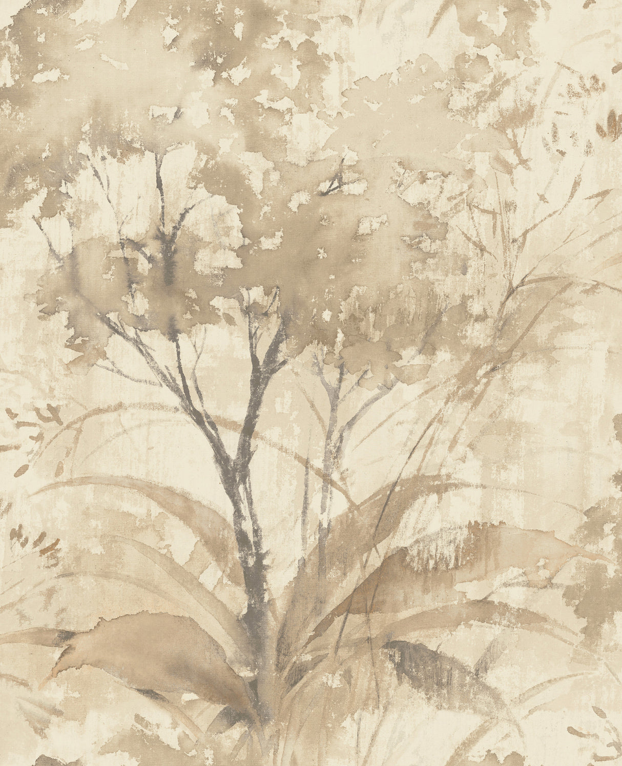 Mistwood Coffee Forest Wallpaper roll with dimensions and pattern in coffee tones