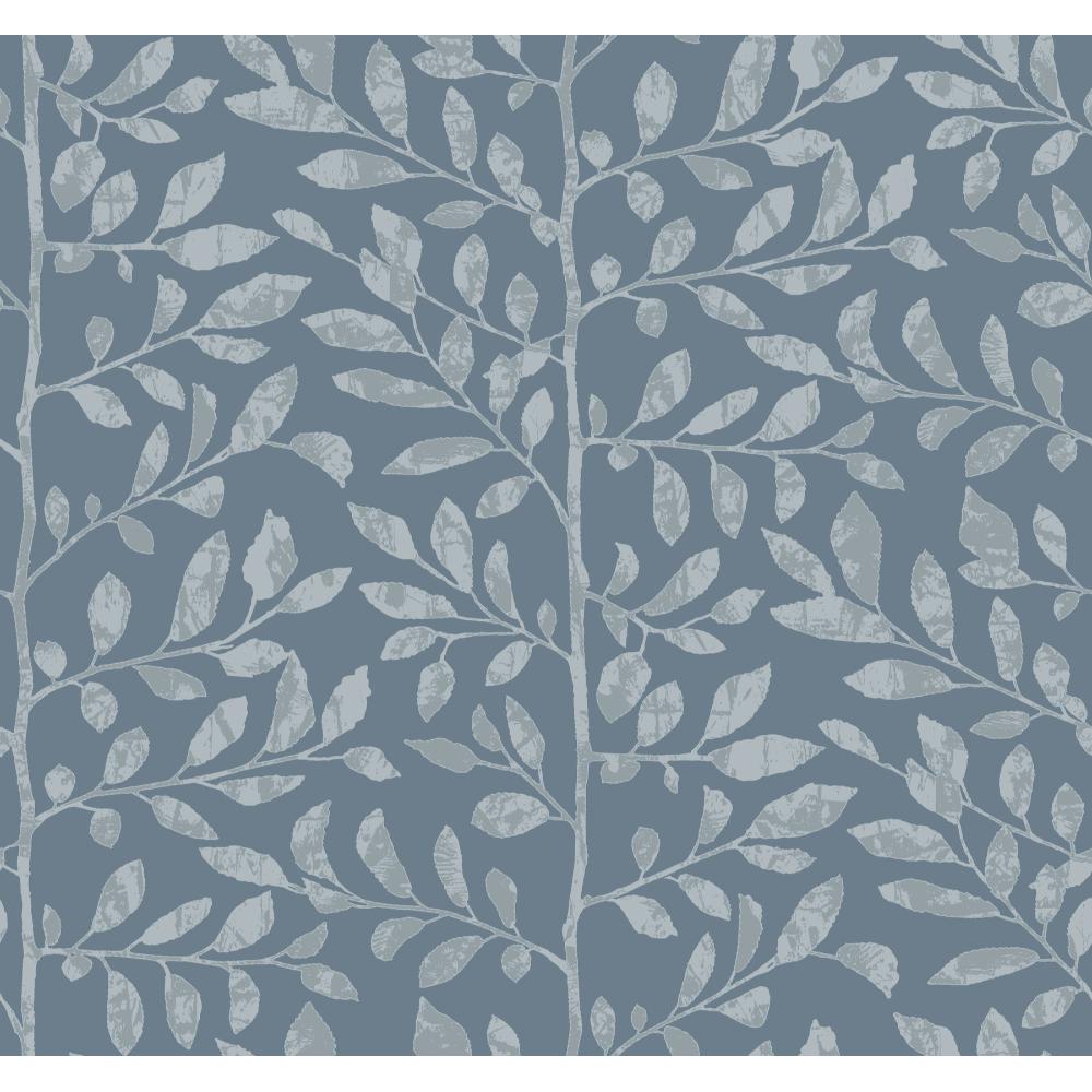 Sagecrest Blue Sapling Wallpaper by A-Street Prints close-up of metallic leaf pattern