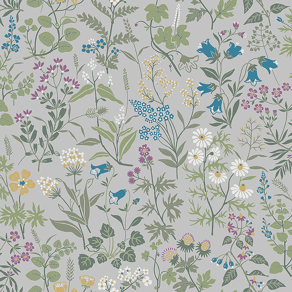 Flora wallpaper by Boråstapeter for Schumacher, featuring a lively allover wildflower pattern in grey and multicolor.