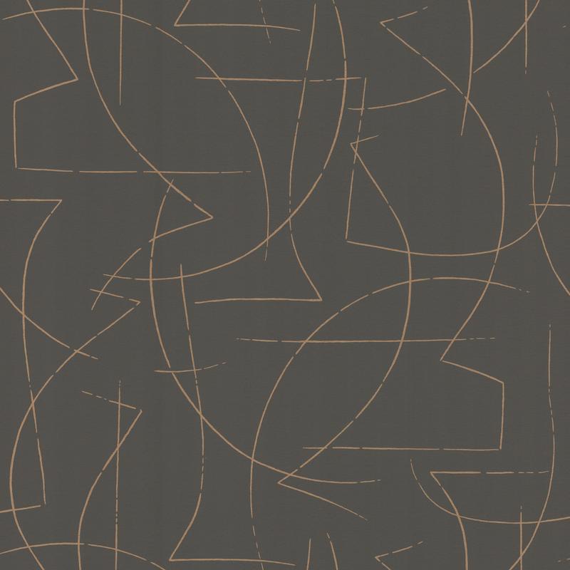 Warner Enzo Pewter Abstract Wallpaper with metallic gold linework on grey