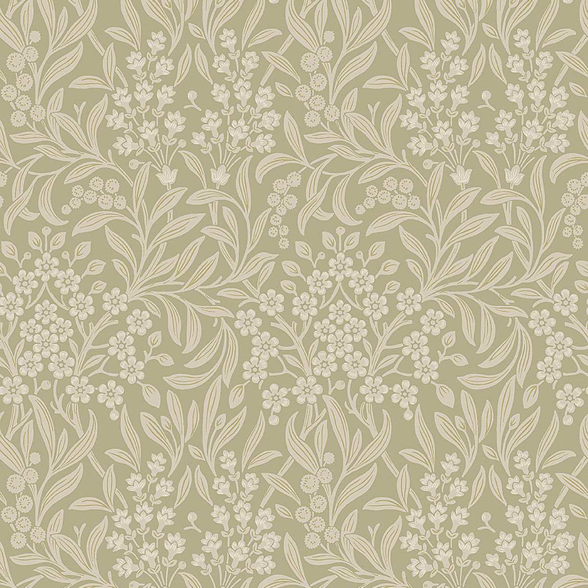 KRYDDHYLLAN sage botanical wallpaper by Boråstapeter for Schumacher, featuring a dense floral and foliage pattern in green tones.