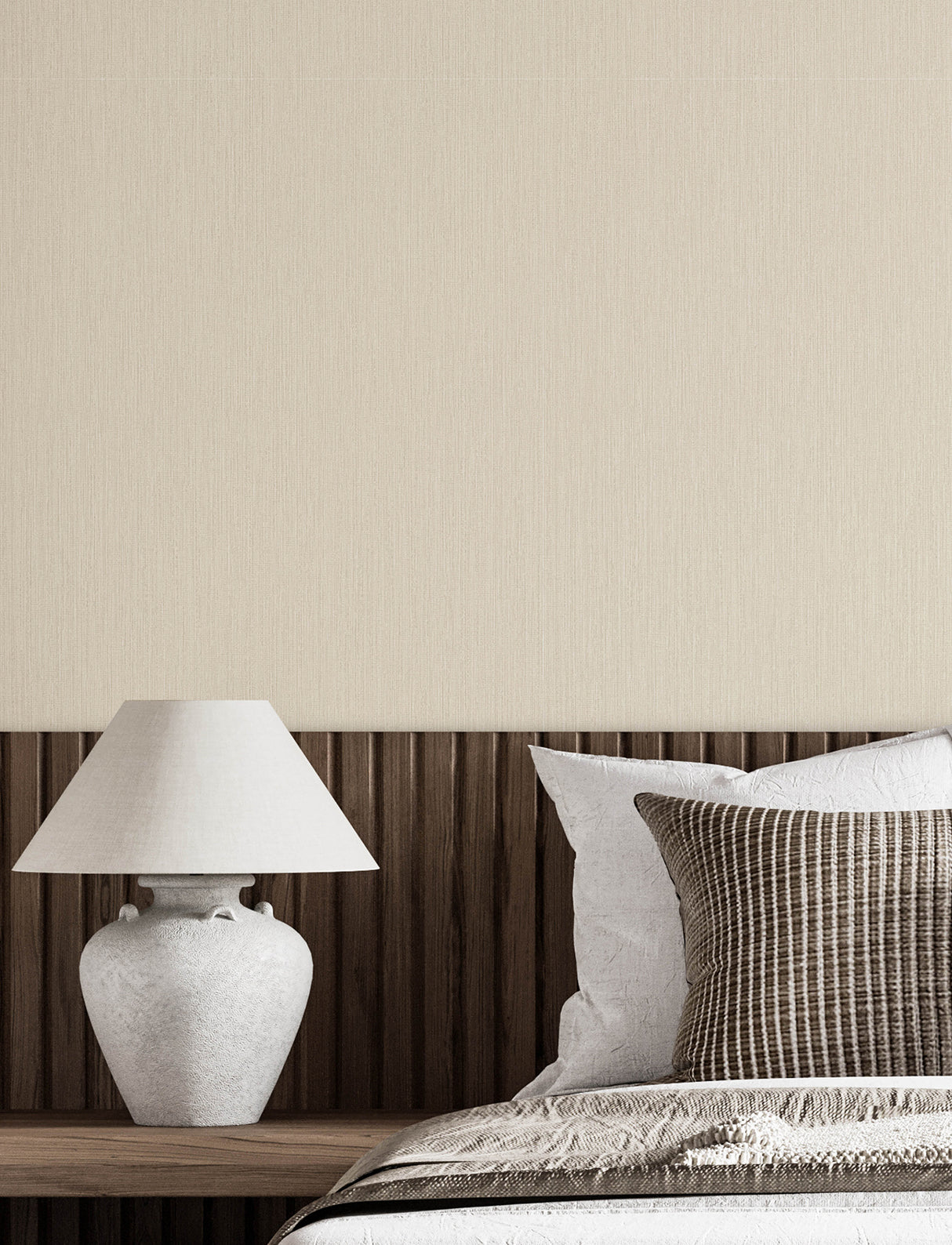 Elijah Neutral Beige and Cream Vertical Striation Texture Transitional Non Woven Strippable Washable Wallpaper by Chesapeake - 4191-83006