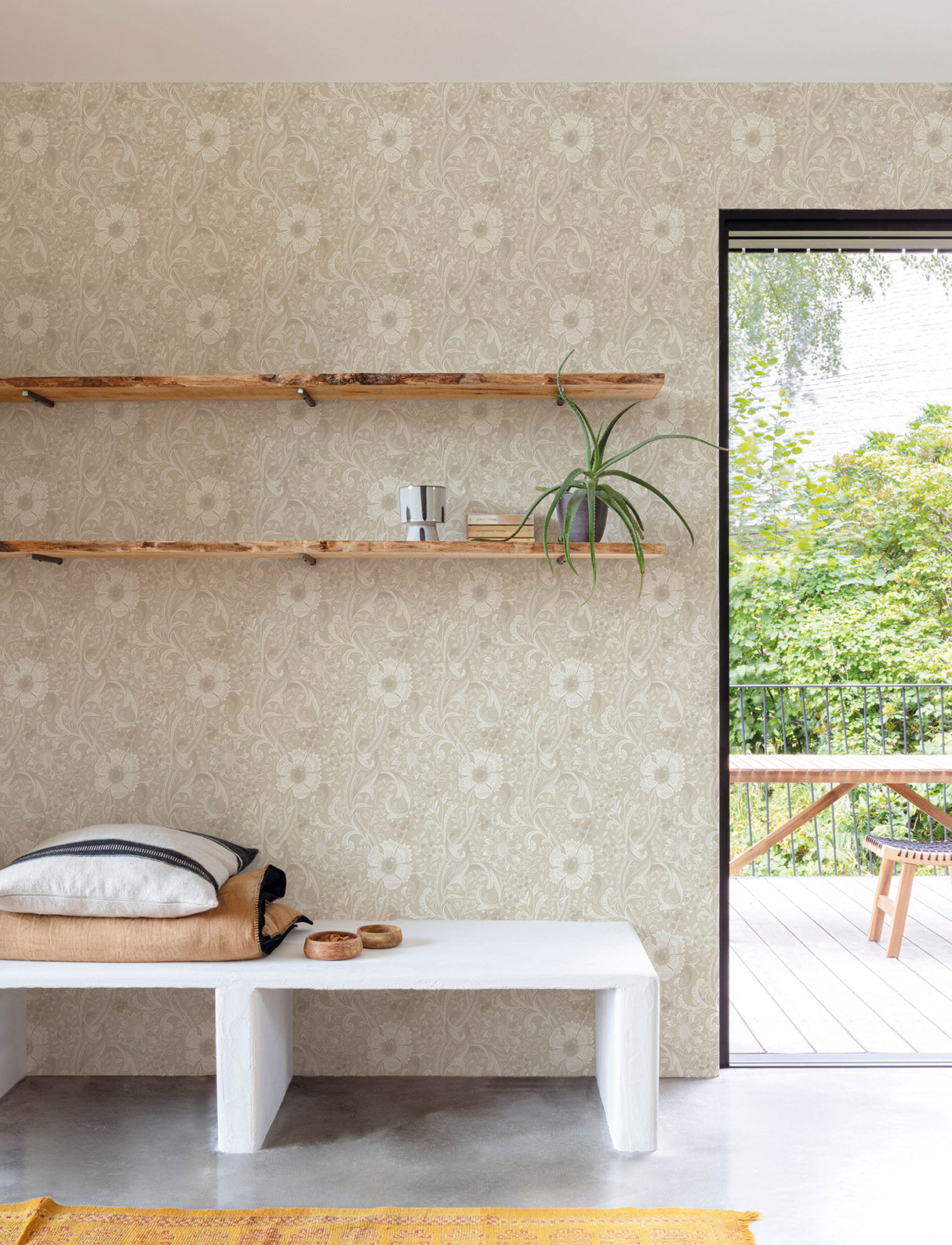 Liora Beige Floral Trail by Chesapeake Kitchen and Bath Collection Farmhouse Botanical Non Woven Unpasted Washable Strippable Wallpaper - 4191-83012