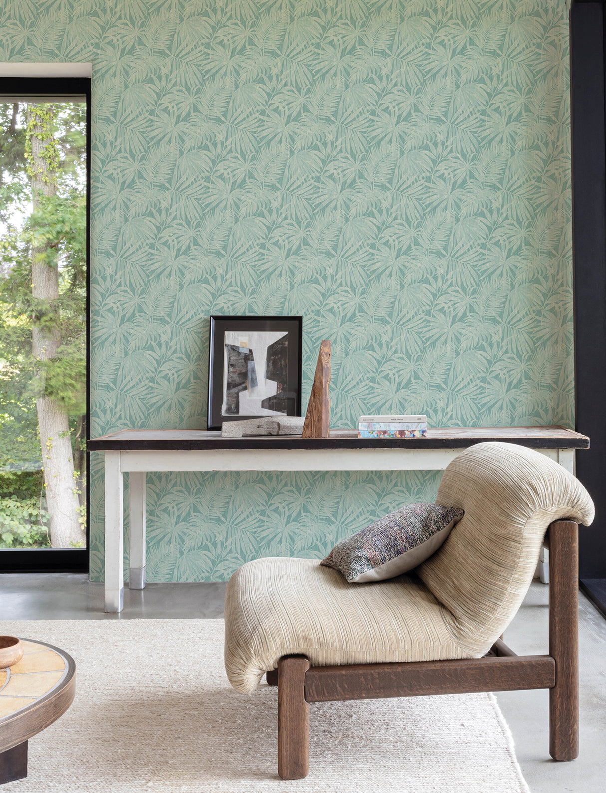 Sonny Light Blue by Chesapeake Kitchen and Bath Tropical Botanical Palm Fronds on a Faux Grasscloth Non Woven Unpasted Wallpaper - 4191-83026