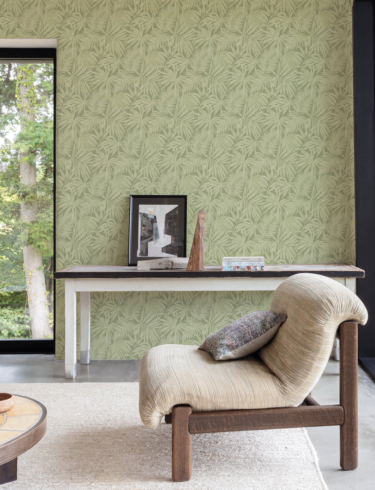Sonny Green Fronds Green by Chesapeake Kitchen and Bath Tropical Botanical Palm Leaf Faux Grasscloth Non Woven Wallpaper - 4191-83027
