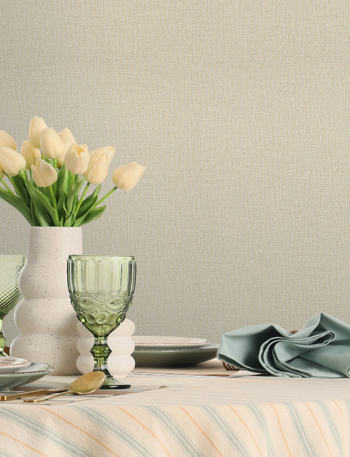 Sonia Beige Faux Linen Wallpaper by Chesapeake Kitchen and Bath Collection Transitional Solid Scrubbable Strippable Vinyl Non Woven - 4191-83035
