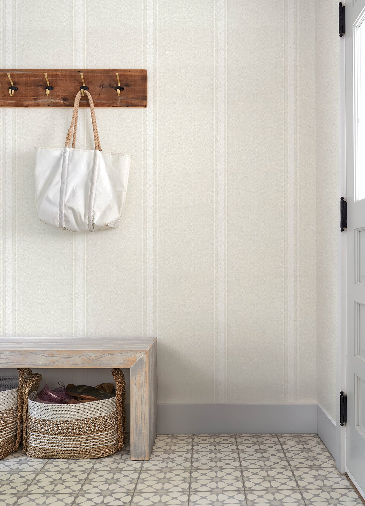 Linette Cream Fabric Stripe Textured Wallpaper by Chesapeake Herringbone Pinstripe Non-Woven Washable Strippable 56.4 sqft Roll - 4192-12465
