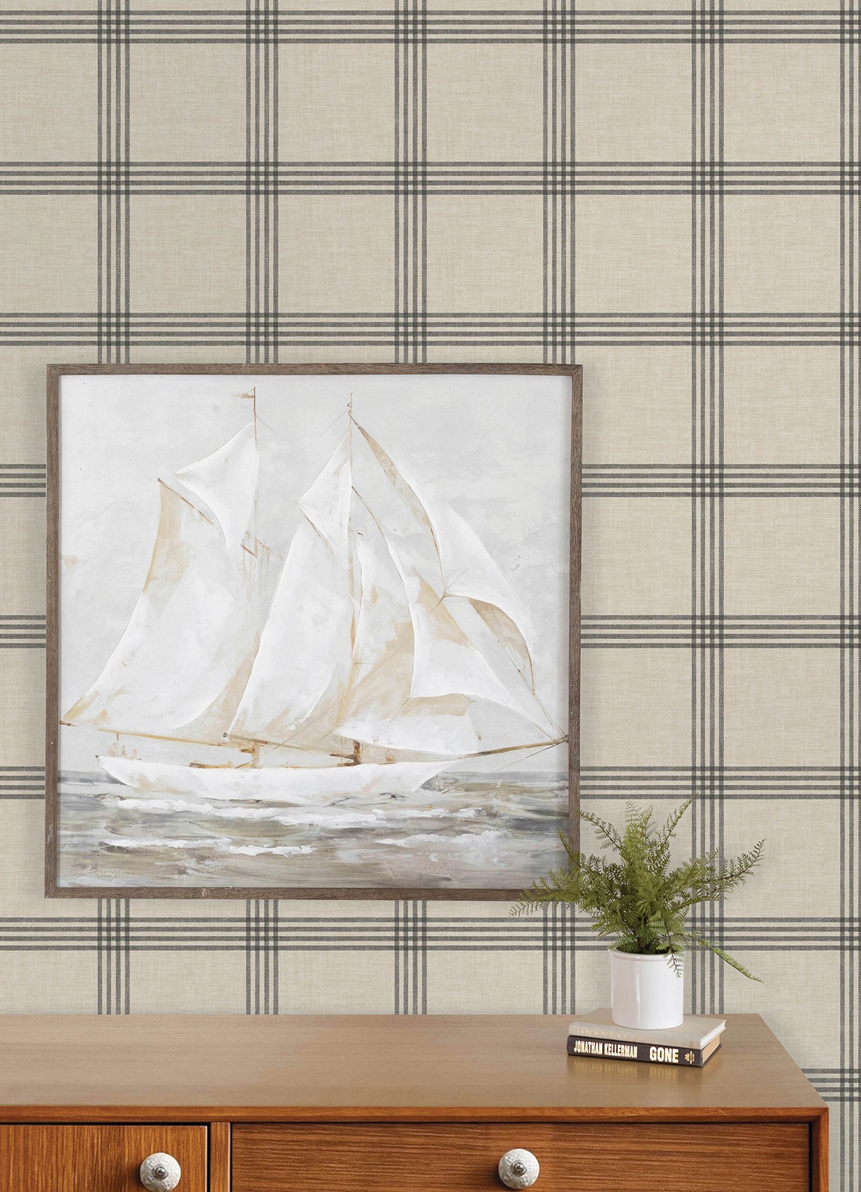 Twain Black Plaid by Chesapeake Farmhouse Linen Look Non Woven Unpasted Washable Strippable Wallpaper Roll 20.5 in x 33 ft - 4192-24479
