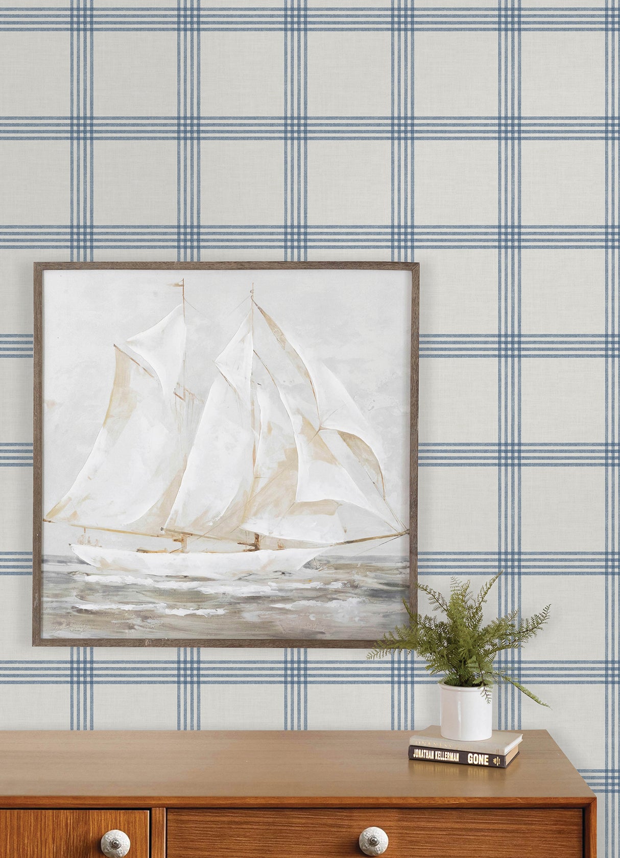 Twain Denim Plaid by Chesapeake Farmhouse Blue Pinstripe Linen-Look Non Woven Unpasted Strippable Washable Wallpaper Roll - 4192-26993