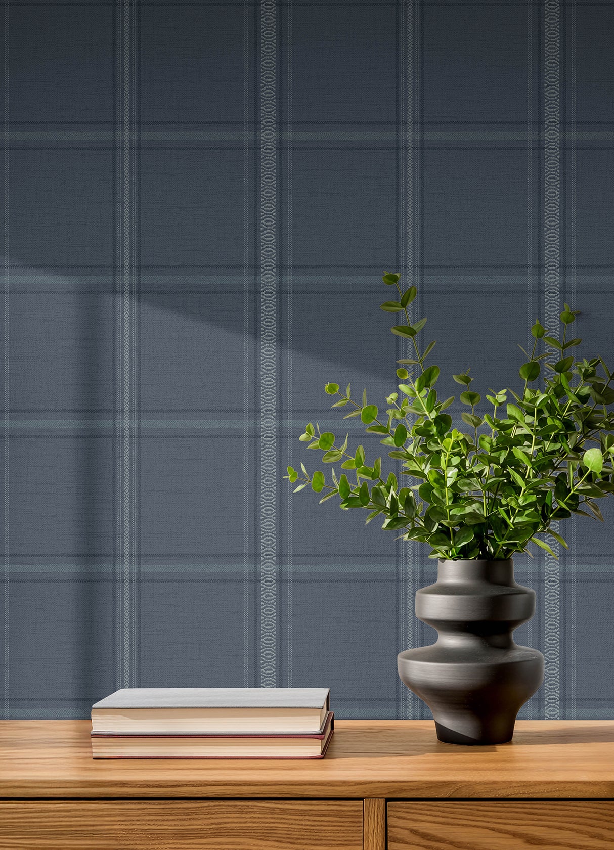 Auberge Dark Blue Windowpane Plaid by Chesapeake Farmhouse Textured Non Woven Unpasted Wallpaper Roll 20.5 In x 33 Ft - 4192-27605