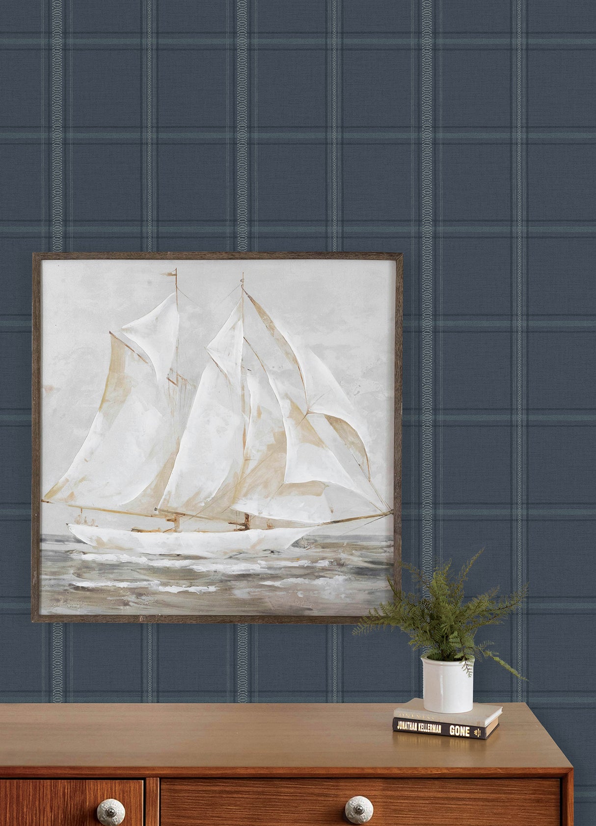 Auberge Dark Blue Windowpane Plaid by Chesapeake Farmhouse Textured Non Woven Unpasted Wallpaper Roll 20.5 In x 33 Ft - 4192-27605
