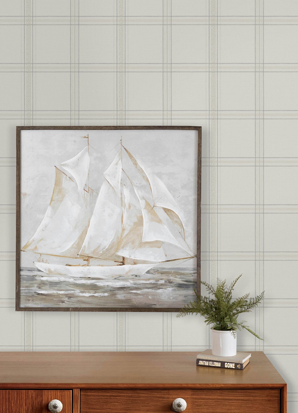 Auberge White Embellished Windowpane Plaid Farmhouse Textured Non Woven Washable Strippable Wallpaper by Chesapeake Plaid and Stripe - 4192-27606