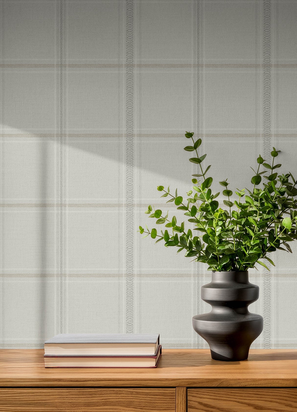 Auberge Taupe Embellished Windowpane Plaid Textured Non Woven Unpasted Washable Strippable Farmhouse Wallpaper by Chesapeake - 4192-27608