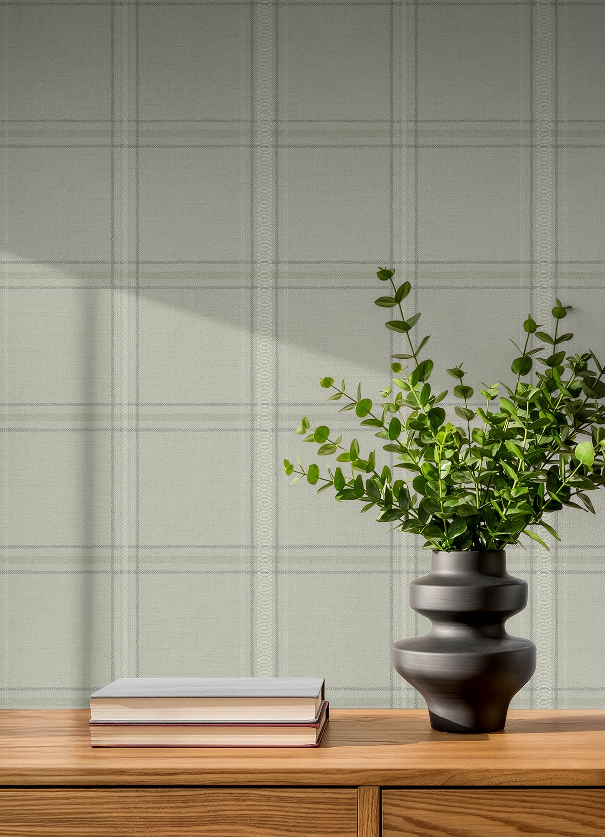 Auberge Sage by Chesapeake Plaid and Stripe Farmhouse Plaid Textured Non Woven Unpasted Strippable Wallpaper Roll - 4192-27609
