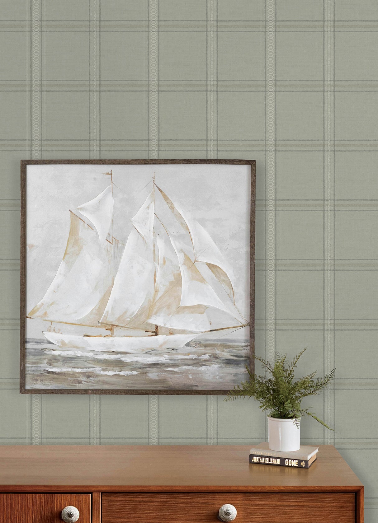 Auberge Sage by Chesapeake Plaid and Stripe Farmhouse Plaid Textured Non Woven Unpasted Strippable Wallpaper Roll - 4192-27609