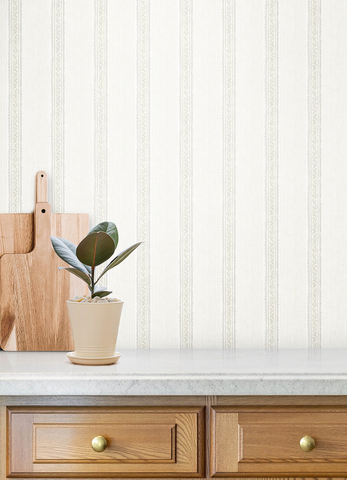 Mandevilla Beige by Chesapeake Transitional Vine Stripe Textured Non Woven Unpasted Wallpaper from the Plaid & Stripe Collection - 4192-27691