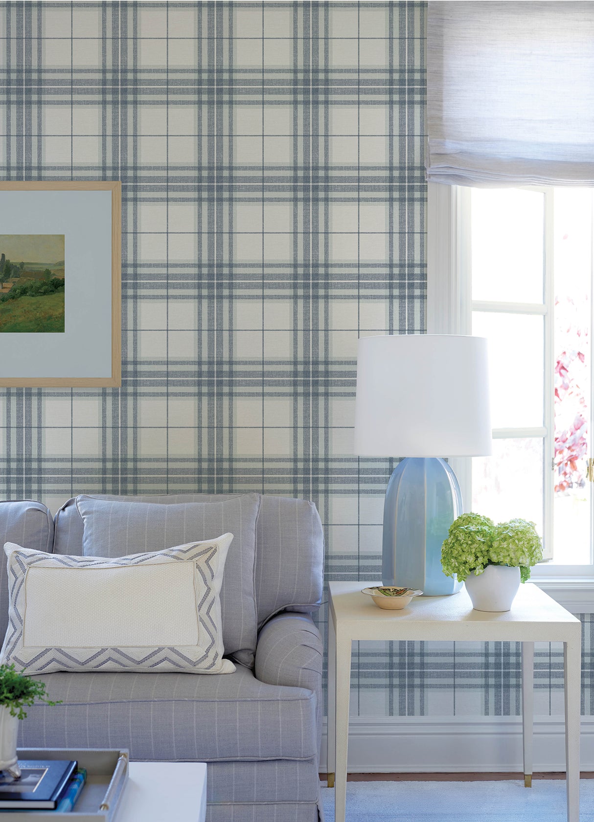 Cabin Check Blue Plaid Wallpaper by Chesapeake - Farmhouse Textured Non Woven Unpasted Strippable Wallpaper Roll - Plaid & Stripe 4192-27692