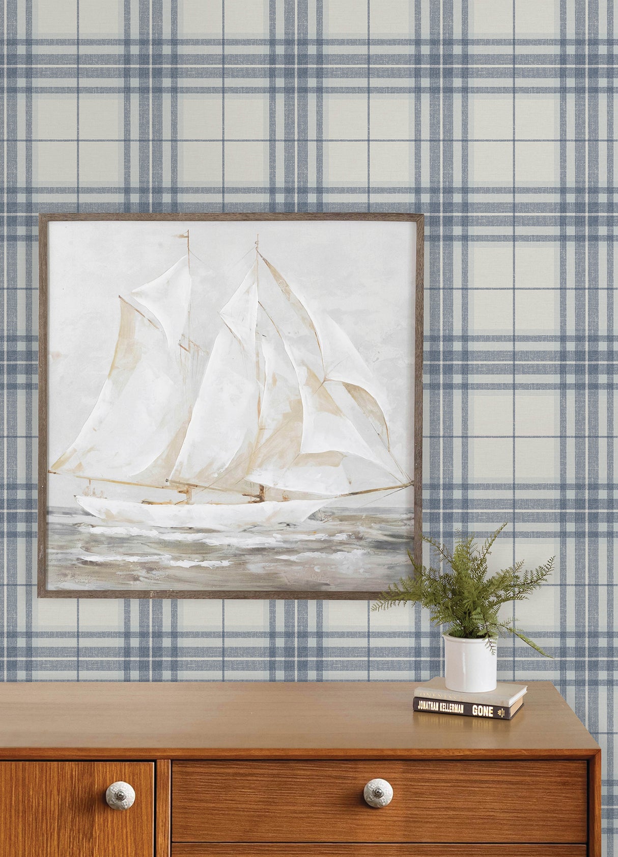 Cabin Check Blue Plaid Wallpaper by Chesapeake - Farmhouse Textured Non Woven Unpasted Strippable Wallpaper Roll - Plaid & Stripe 4192-27692