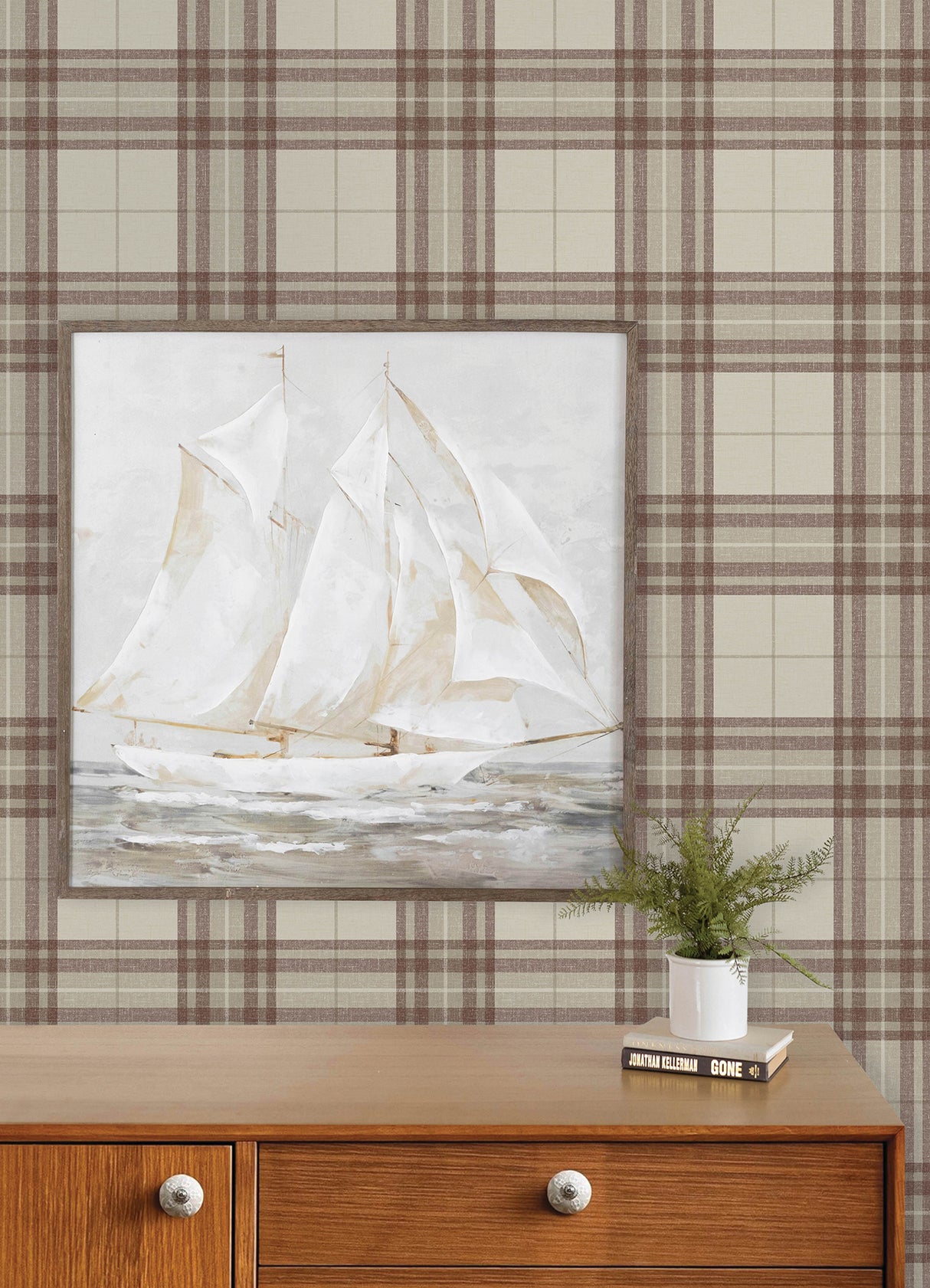Cabin Check Rust by Chesapeake Plaid and Stripe Collection Farmhouse Textured Rust Red Plaid Non Woven Unpasted Wallpaper - 4192-27696