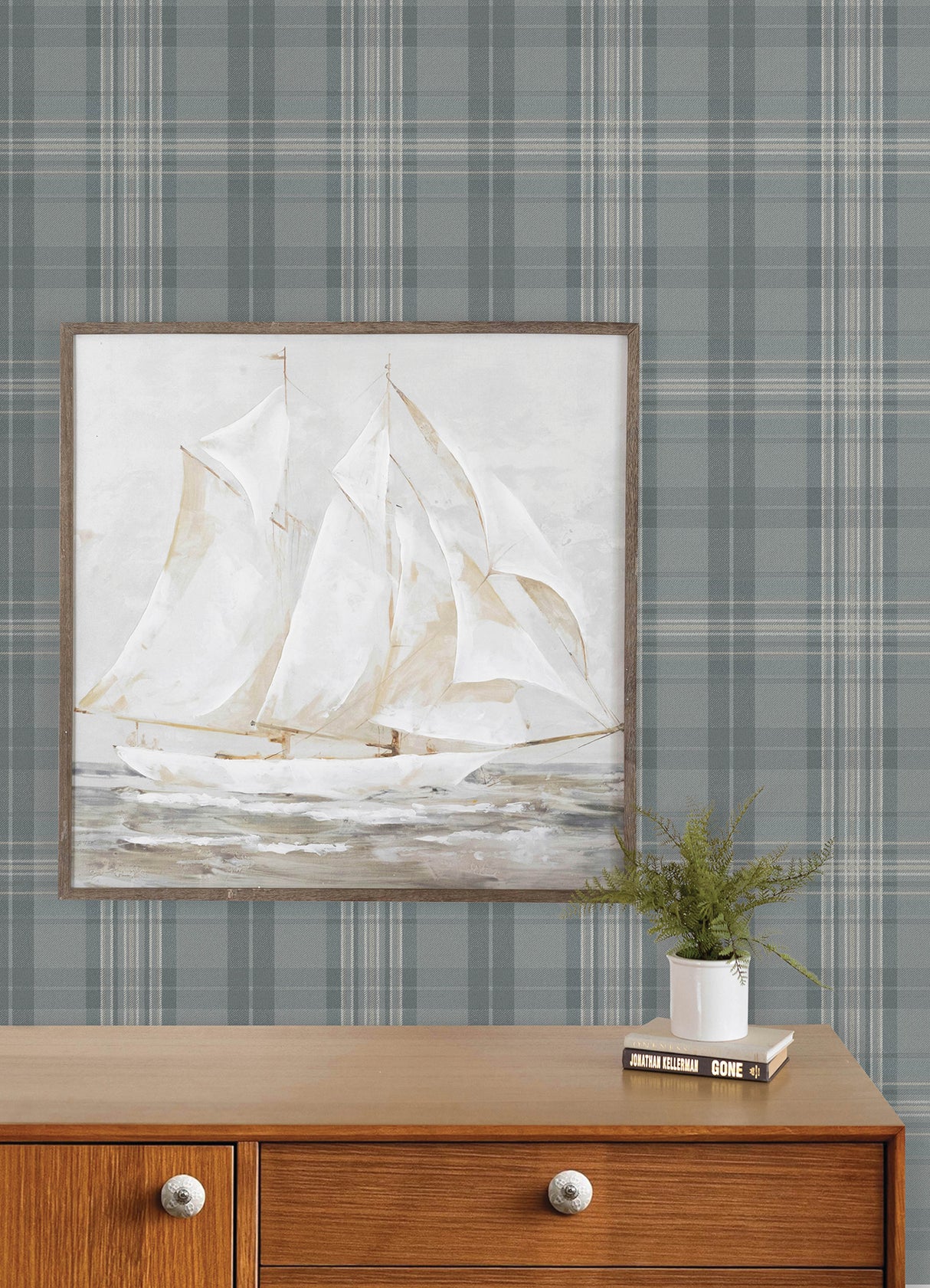 Austin Slate by Chesapeake Farmhouse Plaid and Stripe Collection Non Woven Hybrid Unpasted Washable Traditional Plaid Wallpaper - 4192-330214