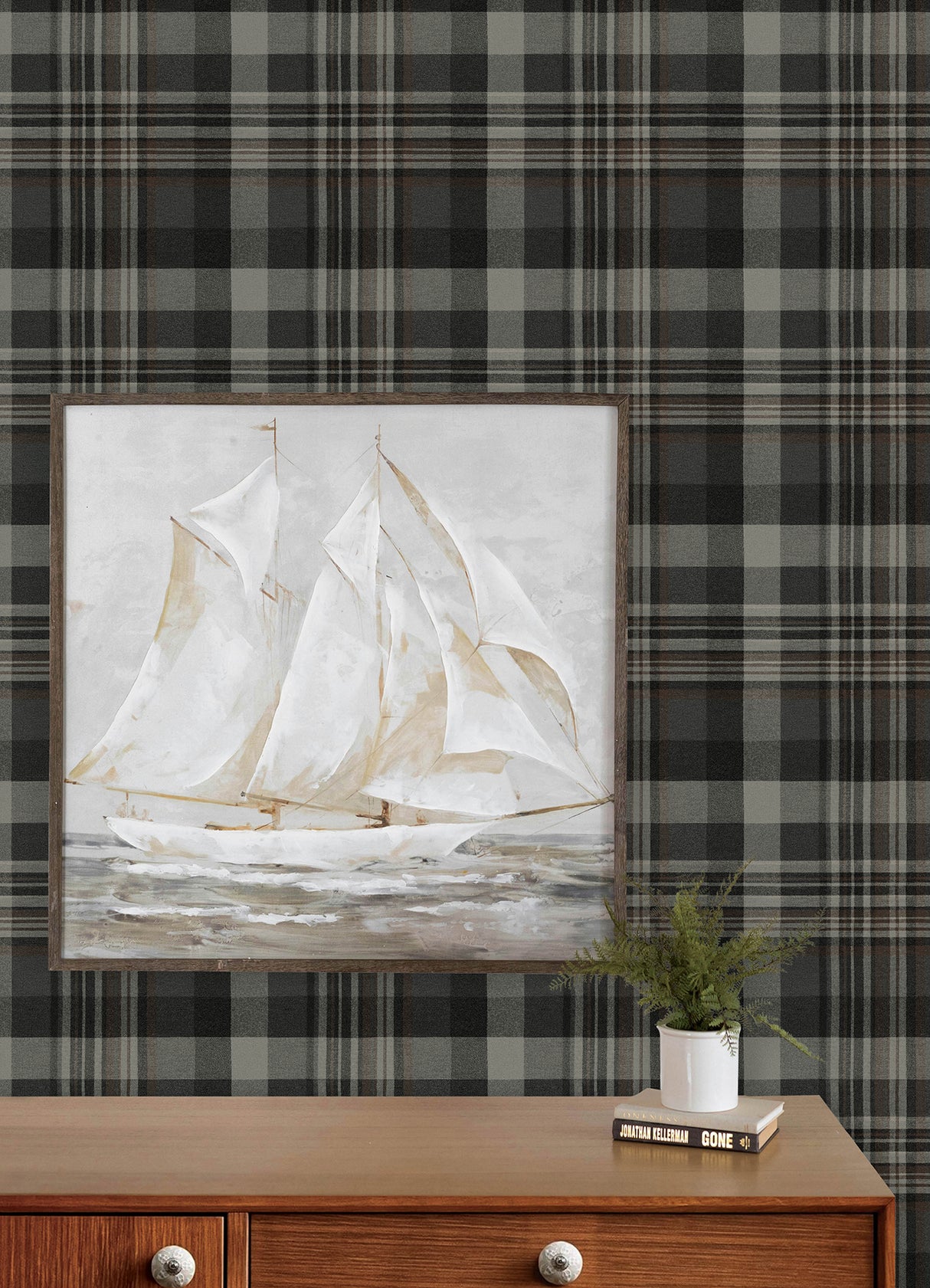 Dutton Plaid Charcoal Flannel by Chesapeake Prepasted Easy Walls Traditional Plaid Flannel Textured Washable Wallpaper - Chesapeake 4192-72632