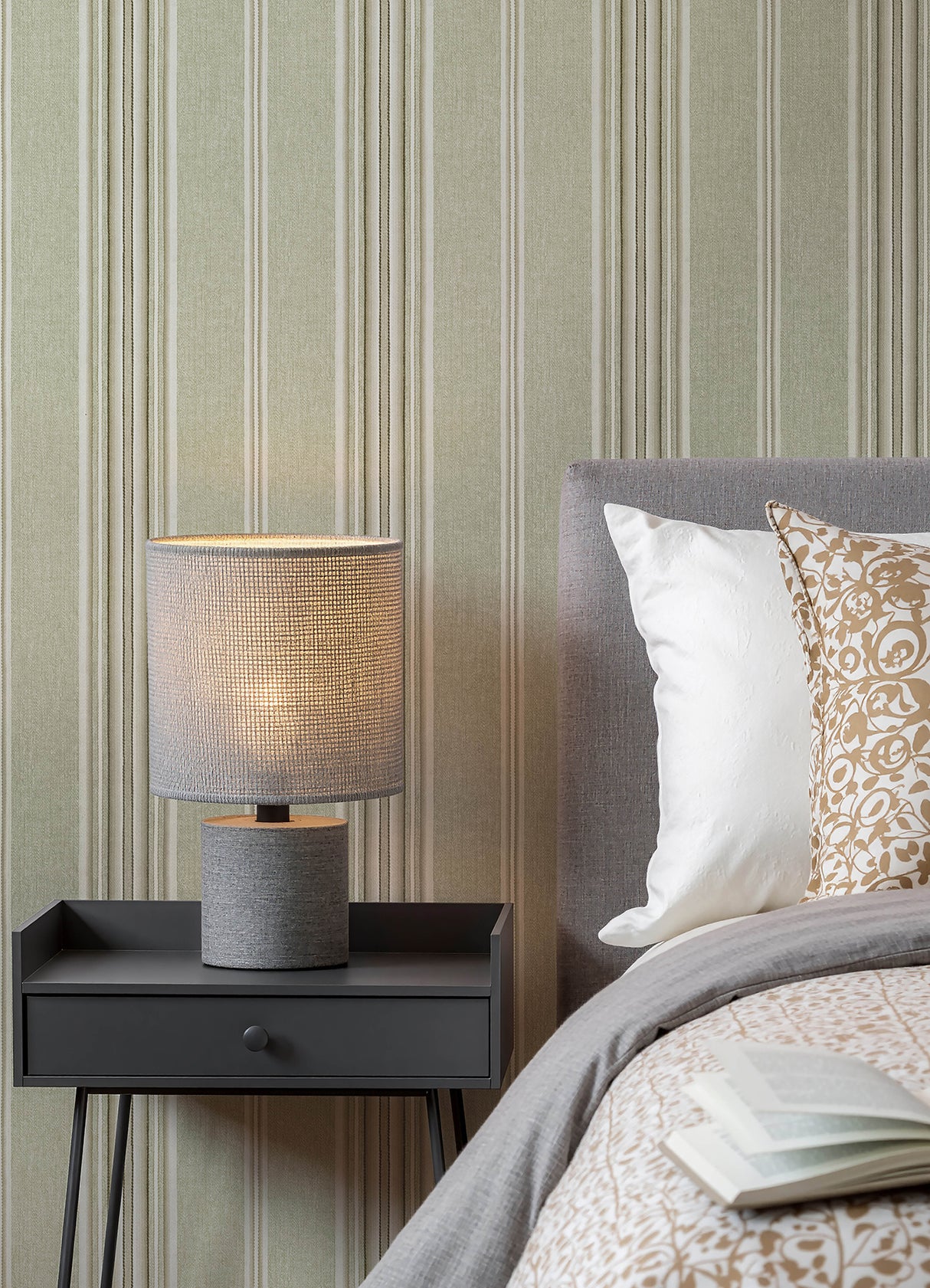 Calvados Moss Linen Stripe Wallpaper by Chesapeake Prepasted Easy Walls Farmhouse Stripe Pattern Plaid & Stripe Collection - 4192-83121