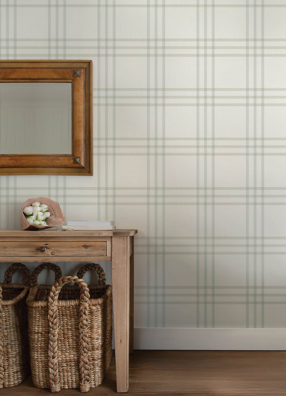 Fletcher Aqua Plaid by Chesapeake Farmhouse Windowpane Plaid Non Woven Hybrid Prepasted Easy Walls Strippable Wallpaper - 4192-83400