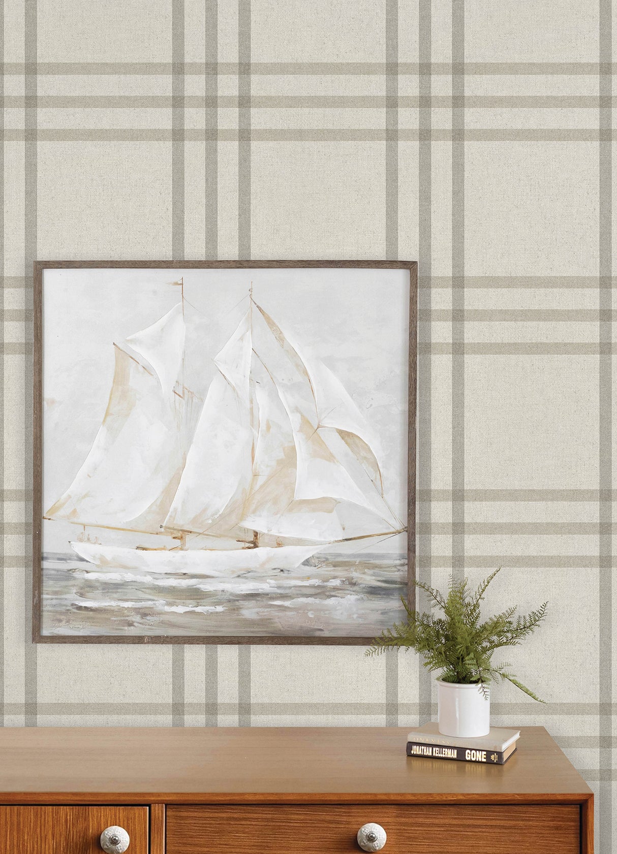 Fletcher Grey Plaid Farmhouse Windowpane Prepasted Easy Walls Non Woven Hybrid Washable Strippable Wallpaper by Chesapeake - 4192-83401