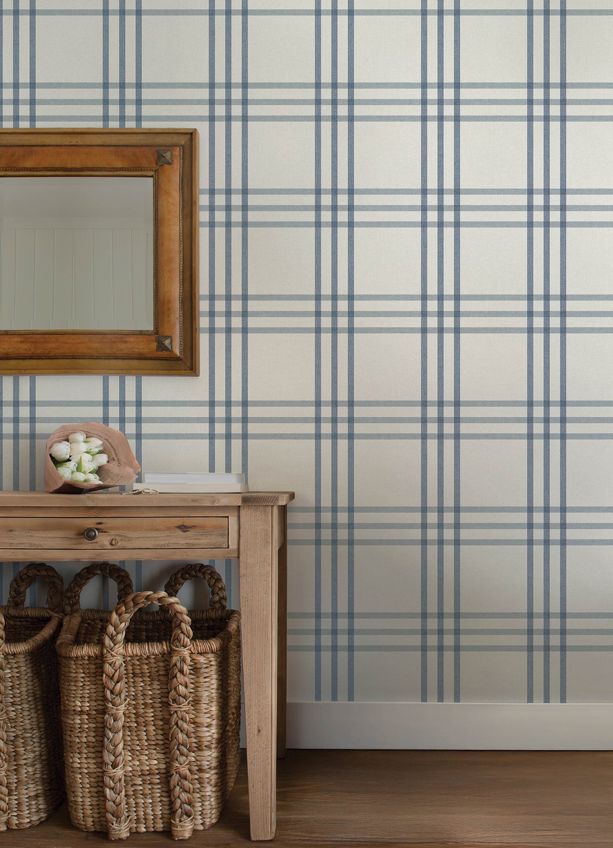 Fletcher Blue Plaid Wallpaper by Chesapeake Farmhouse Windowpane Plaid Prepasted Non Woven Hybrid 20.5 In x 33 Ft - 4192-83402