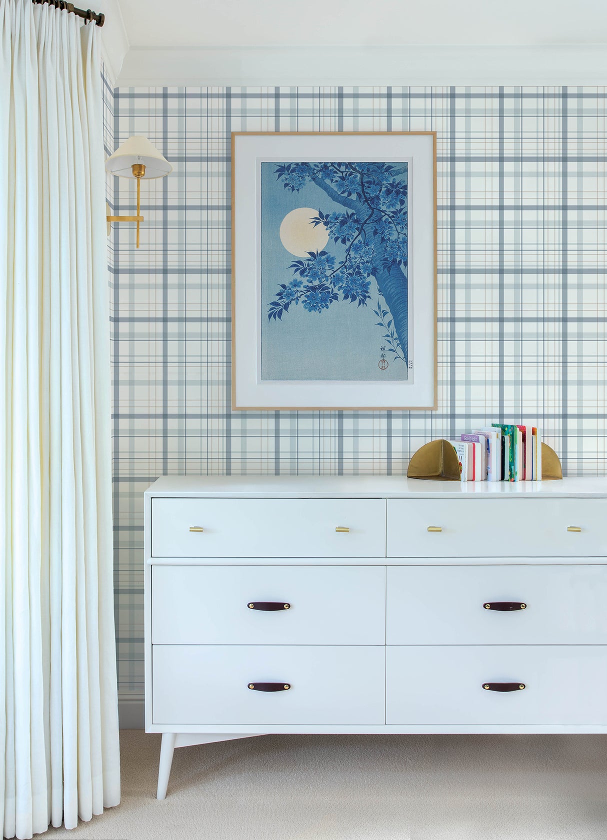 Burgess Blue Plaid Farmhouse Prepasted Non-Woven Hybrid Straight Match Washable Strippable Wallpaper by Chesapeake - 4192-83406