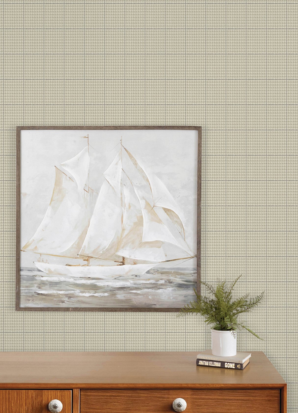 Prescott Taupe Glen Check Prepasted Non Woven Hybrid Washable Strippable Sidewall Wallpaper by Chesapeake Plaid and Stripe Collection - 4192-83414