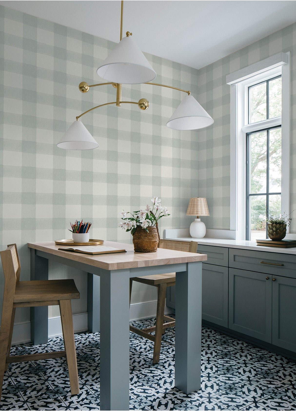 Thorpe Aqua and White Large Scale Buffalo Check Plaid by Chesapeake Farmhouse Americana Prepasted Non-Woven Hybrid Wallpaper Roll - 4192-83419
