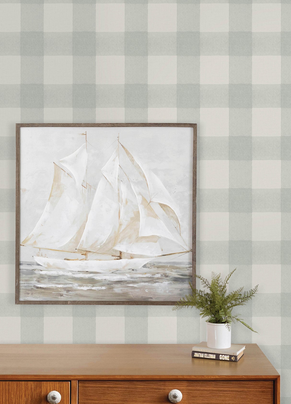 Thorpe Aqua and White Large Scale Buffalo Check Plaid by Chesapeake Farmhouse Americana Prepasted Non-Woven Hybrid Wallpaper Roll - 4192-83419