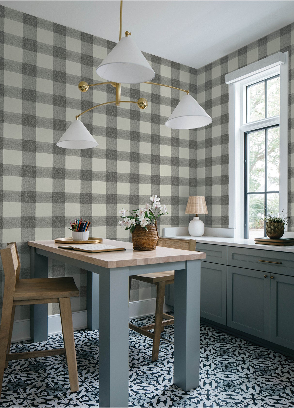 Thorpe Charcoal by Chesapeake Large Scale Buffalo Check Plaid Farmhouse Prepasted Non-Woven Hybrid Wallpaper Plaid and Stripe Collection - 4192-83421