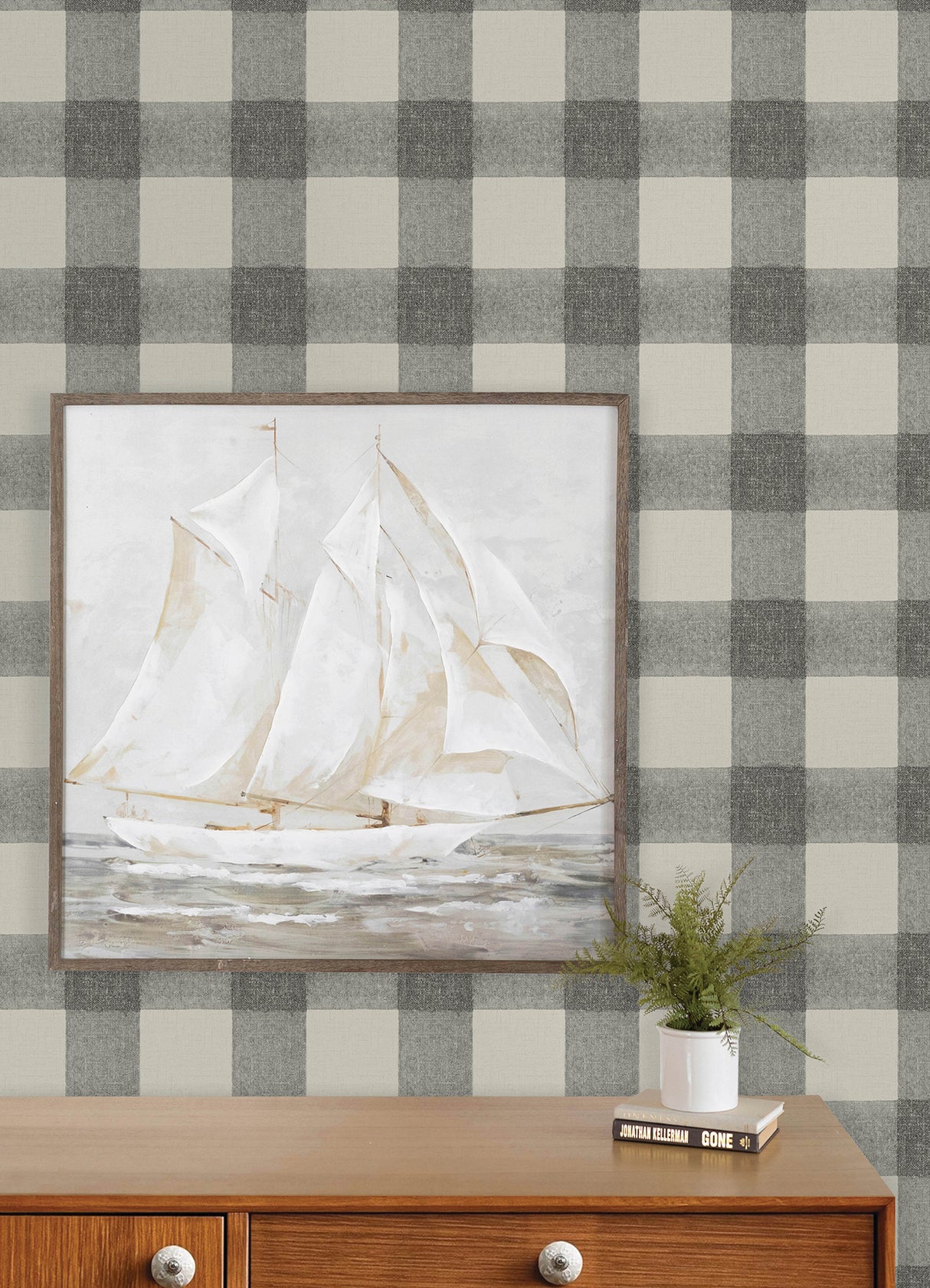 Thorpe Charcoal by Chesapeake Large Scale Buffalo Check Plaid Farmhouse Prepasted Non-Woven Hybrid Wallpaper Plaid and Stripe Collection - 4192-83421