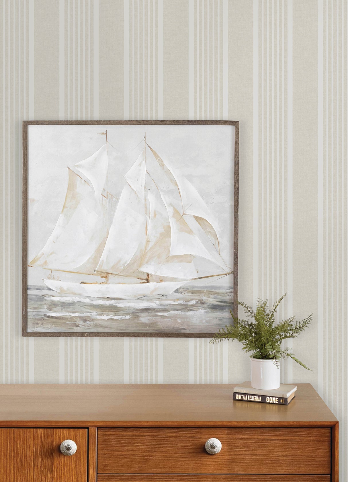 Bingley Beige Embellished Stripe Prepasted Non Woven Hybrid Farmhouse Wallpaper by Chesapeake Plaid and Stripe Collection - 4192-83433