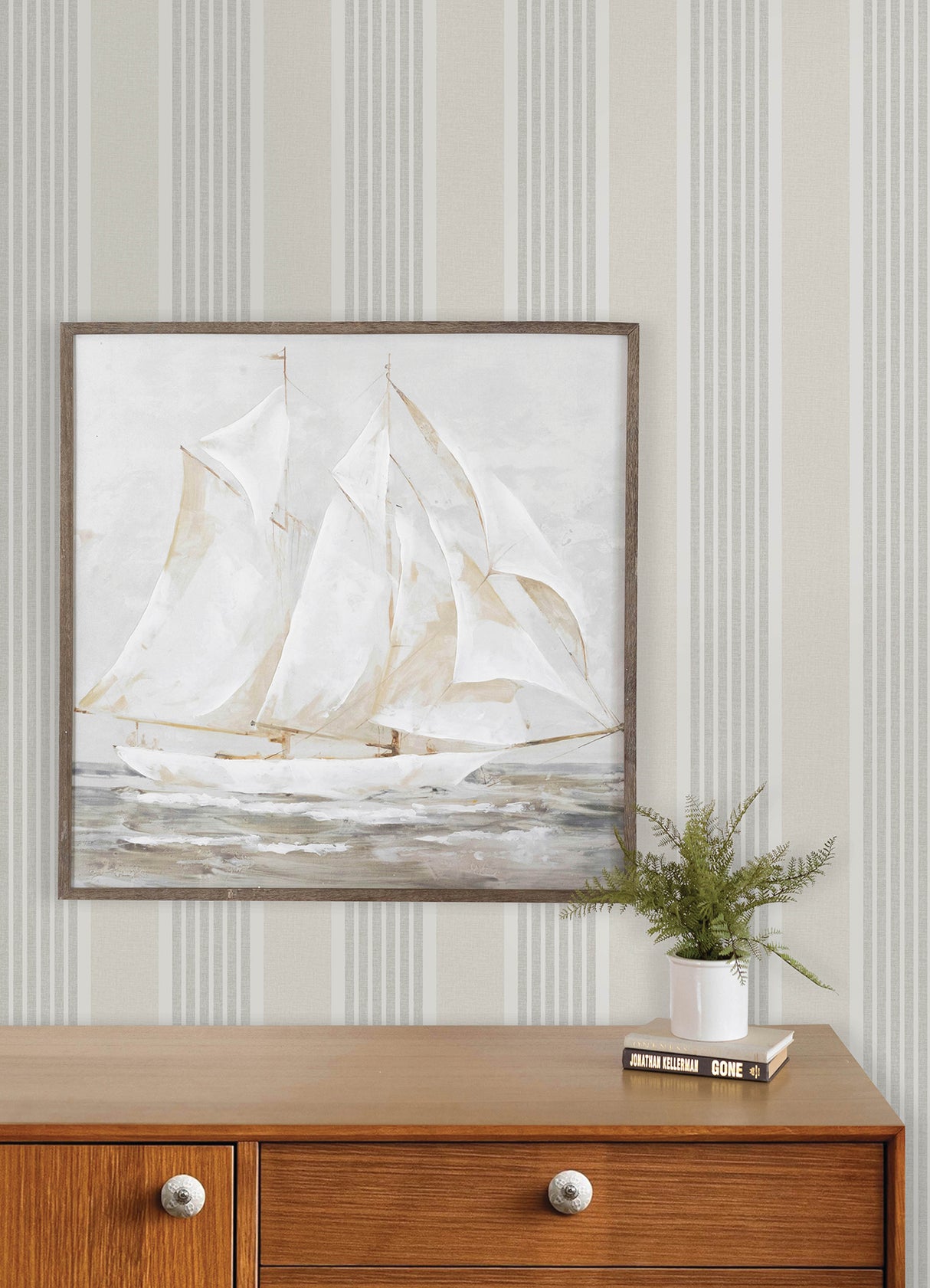 Bingley Light Grey Embellished Stripe Prepasted Farmhouse Wallpaper from Plaid & Stripe Collection by Chesapeake - 4192-83434