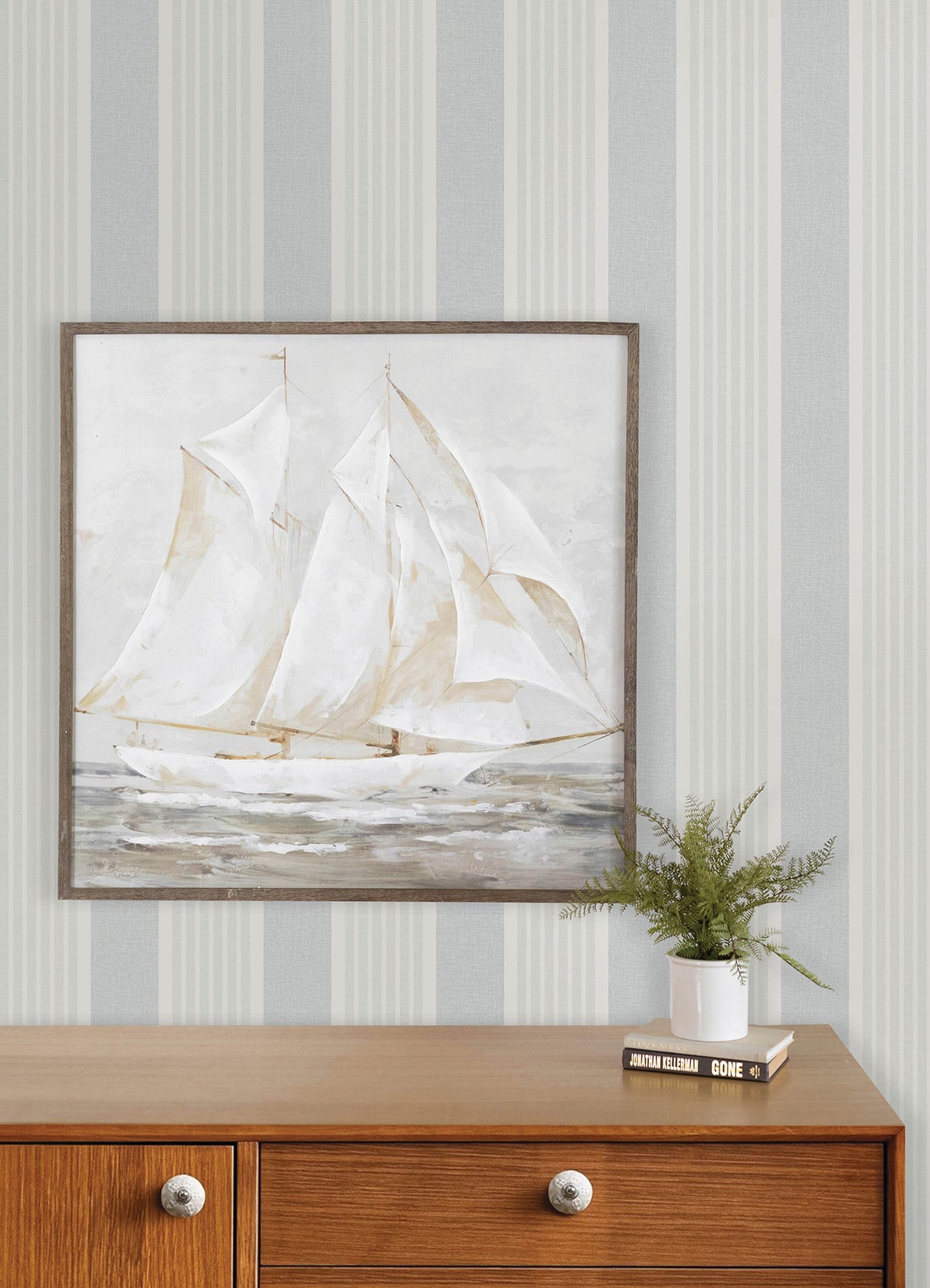 Bingley Light Blue Embellished Stripe by Chesapeake Farmhouse Prepasted Wallpaper - Chesapeake 4192-83436