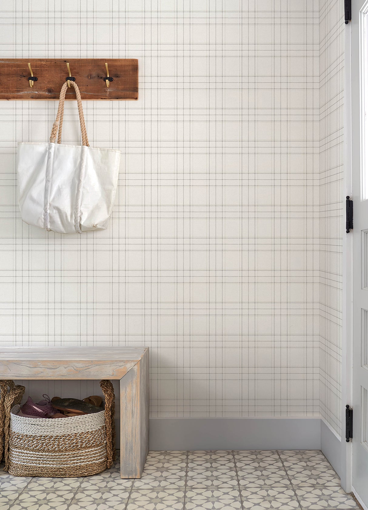 Fox Hollow Ivory Dashed Plaid by Chesapeake Prepasted Non Woven Hybrid Washable Strippable Farmhouse Plaid Wallpaper 20.5in x 33ft - 4192-83455