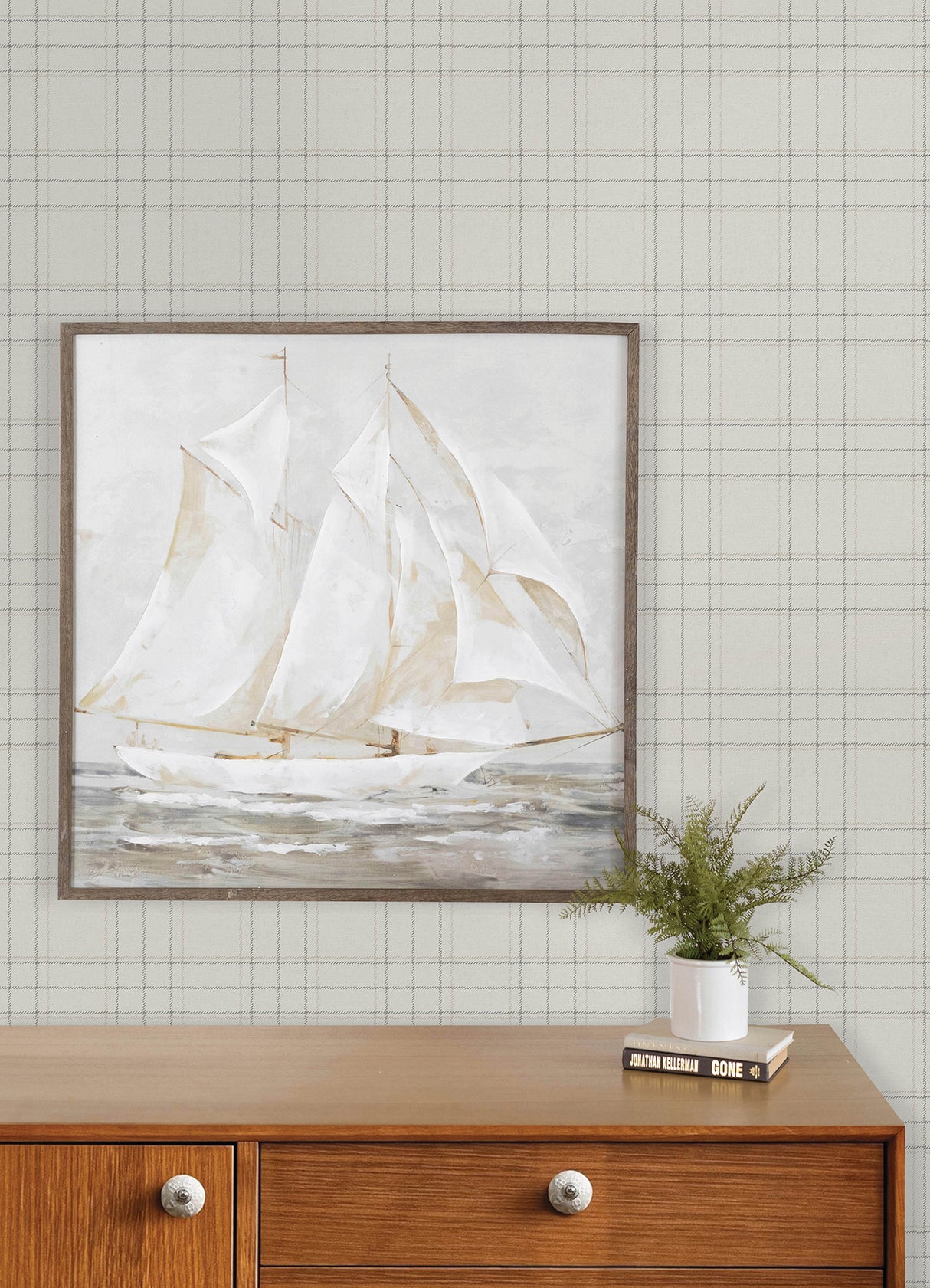 Fox Hollow Ivory Dashed Plaid by Chesapeake Prepasted Non Woven Hybrid Washable Strippable Farmhouse Plaid Wallpaper 20.5in x 33ft - 4192-83455