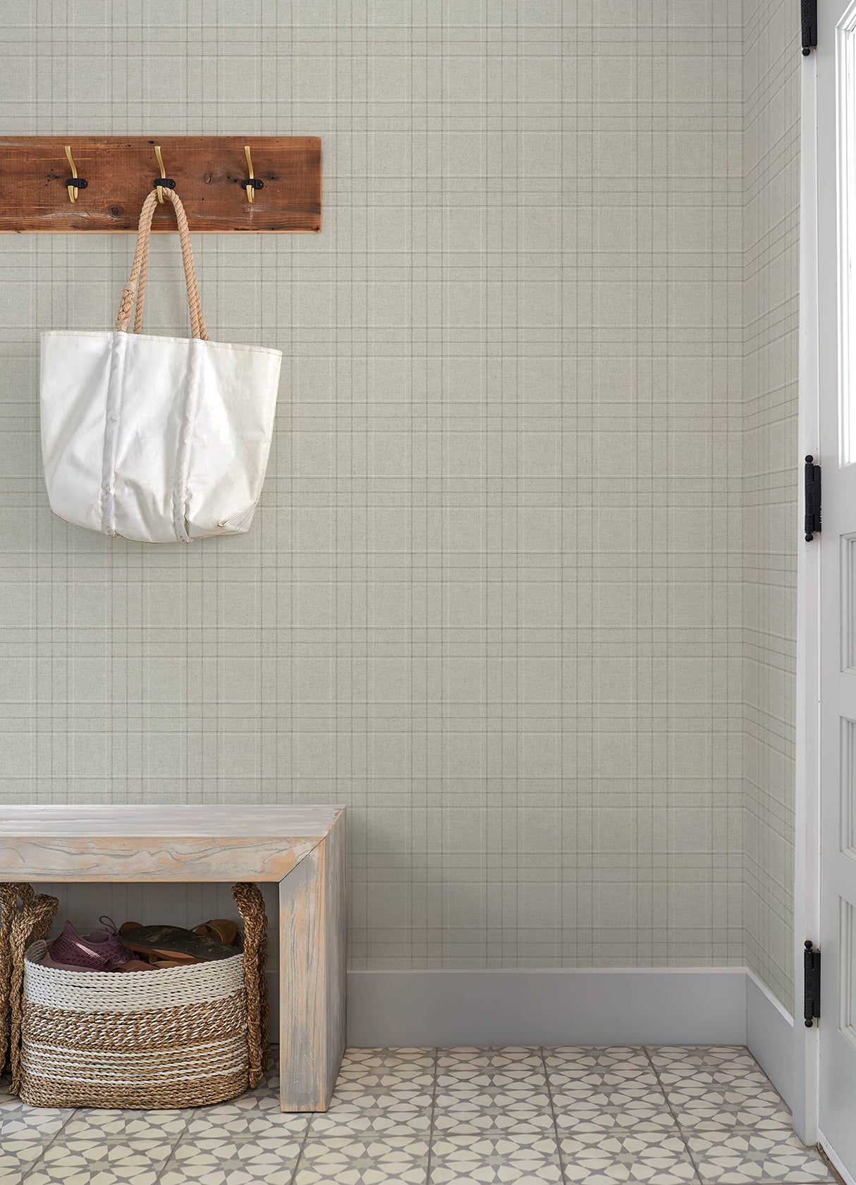Fox Hollow Light Grey Dashed Plaid by Chesapeake Farmhouse Plaid Wallpaper - Chesapeake 4192-83456