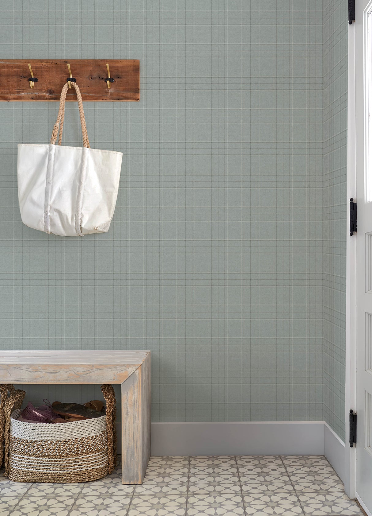 Fox Hollow Turquoise Dashed Plaid by Chesapeake Farmhouse Plaid Wallpaper - Chesapeake 4192-83459