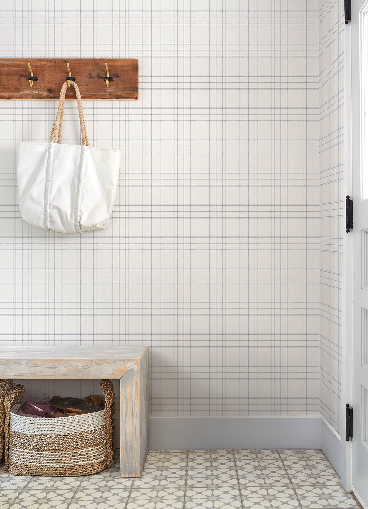 Fox Hollow White Dashed Plaid by Chesapeake Prepasted Farmhouse Non Woven Hybrid Plaid and Stripe Collection Wallpaper - Chesapeake 4192-83460