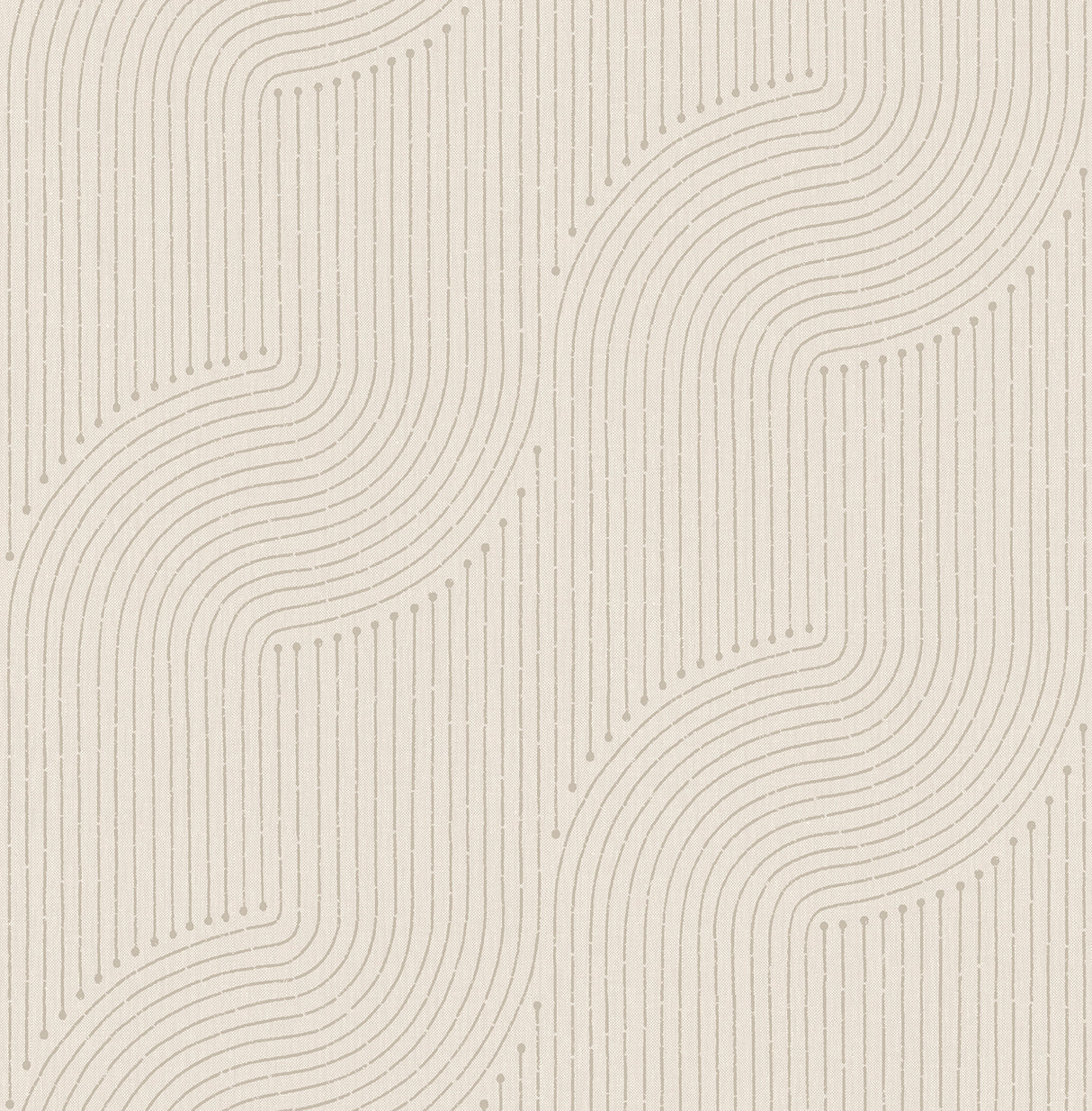 Braddock Dove Rhythmic Flow Wallpaper by A-Street Prints - beige geometric wave lines with dot accents on a pale grey linen-textured background, SKU 4198-27805