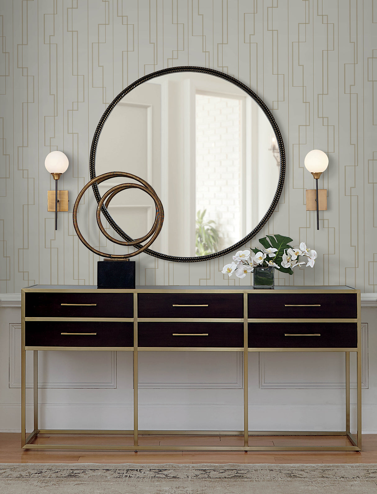 Anson Taupe by A-Street Prints Glamorous Art Deco Metallic Gold Geometric Detailing Non Woven Strippable Wallpaper from Moderne Deco - 4198-27812